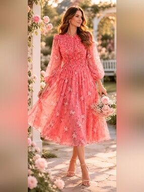 NEW Romantic PINK Floral PRARIE Chiffon Midi DRESS Cottagecore Women's Size M L